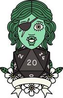 Retro Tattoo Style half orc rogue character with natural twenty dice roll vector