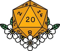 Retro Tattoo Style natural 20 D20 dice roll with floral elements vector