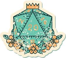 grunge sticker of a natural 20 D20 dice roll with floral elements vector