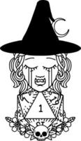 Black and White Tattoo linework Style sad half orc witch character with natural one D20 roll vector