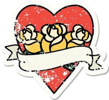 distressed sticker tattoo in traditional style of a heart and banner with flowers vector