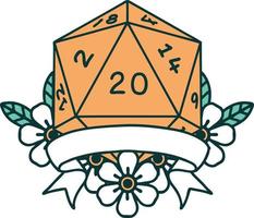 Retro Tattoo Style natural 20 critical hit D20 dice roll vector