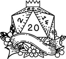 Black and White Tattoo linework Style natural twenty D20 dice roll vector