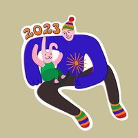 Man and rabbit sitting together. Happy New Year 2023. vector