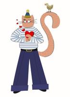 gato sosteniendo un corazón en jersey a rayas y pantalones acampanados con un pájaro posado en su cola. vector