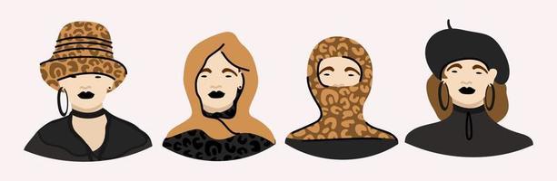 Various woman's hats. Panama, hood, balaclava, beret. vector