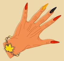 Woman's hand with long bright nails and bracelet with maple leaf. Autumn concept. vector