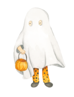fantôme mignon aquarelle. enfant en costume de feuille. déguisements d'Halloween. vacances d'automne. La charité s'il-vous-plaît. png