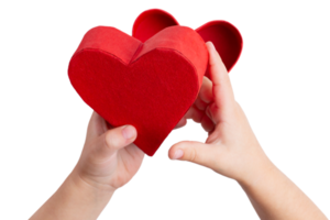 Beautiful closeup of kid hand red heart on white background. Shape background.Holiday background. Creative design. Red heart. png