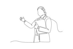 Continuous one line drawing female boss presenting with hand gesture. Boss move concept. Single line draw design vector graphic illustration.