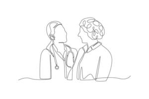 Continuous one line drawing female doctor talking with her patient. Hospital concept. Single line draw design vector graphic illustration.