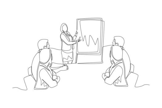 Continuous one line drawing Business woman gives presentation and explain graph strategy profit growth result in company meeting. Boss move concept. Single line draw design vector graphic illustration