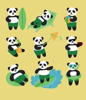 Set of summer pandas on beach. Vector illustration isolated on color background. Design menu poster brochure posters