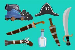 conjunto de objetos de arma de juego vectorial de dibujos animados piratas. colección de elementos de aventura marina vector