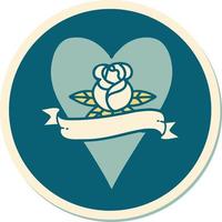 sticker of tattoo in traditional style of a heart rose and banner vector