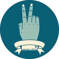 Retro Tattoo Style victory v hand gesture with banner vector