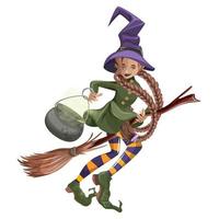 imagen vectorial de una joven bruja con una escoba.halloween. estilo de dibujos animados aislado sobre fondo blanco. eps 10 vector
