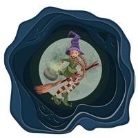 imagen vectorial de una joven bruja con una escoba.halloween. estilo de dibujos animados imitación de la tecnología del papel. vector