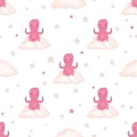 Vector illustration of a pink octopus. Seamless pattern for babies. Sea squid illustration for children's room. Cute cartoon octopus pattern. Summer marina background.