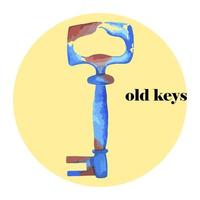 antique blue door key with traces of rust, painted in watercolor on a white background. master key vector