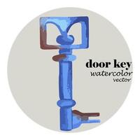 antique vintage blue door key with traces of rust, painted in watercolor on a white background. master key vector