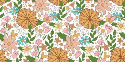 Groovy flowers pattern. Retro seventies floral seamless pattern, summer daisy textile. Pastel vintage groovy daisy flowers. Retro floral background surface design hippie print. Vector illustration.