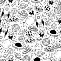 Seamless space kids pattern in doodle style with spaeships, aliens and planets on white background for wrapping paper vector