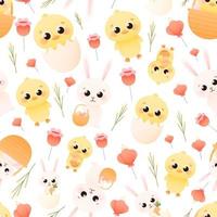 Cute childish easter pattern with bunny and chick in differnt poses with spring flowers, happy holiday wallpaper vector