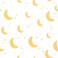 Seamless starry sky childish pattern with stars and moon in hand drawn style for childish textile or wrapping paper on white background, ornament for print vector