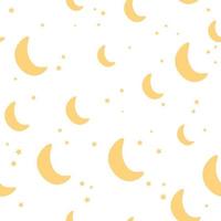 Seamless starry sky childish pattern with stars and moon in hand drawn style for childish textile or wrapping paper on white background, ornament for print vector