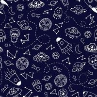 Space elements in doodle style seamless pattern on dark background, planets, spaceships with alien monsters vector