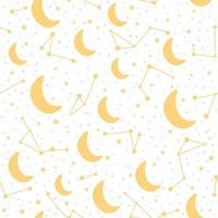 Seamless starry night childish pattern with stars, constellations and moon in hand drawn style for textile or wrapping paper vector