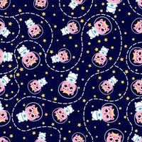 Cute pink astronaunt flying around in space, seamless pattern on dark backgrounf with stars, childish ornament for textile or print, alien creatures, fluffy monsters in cartoon style vector