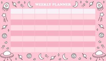 Printable weekly planner with spaceships, planets, stars and moon on pink background, school timetable for kids