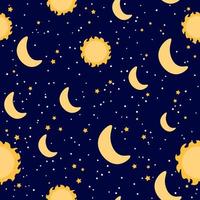 Starry night seamless pattern with sun and moon on dark background, ornate for wrapping paper, bedding or textile, galaxy themed background in cartoon style vector