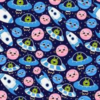 Cute childish space seamless pattern with spaceships and planets on dark background, ideal for bedding design vector