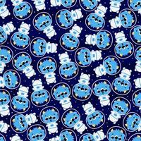 Cute blue monster astronaunt flying around in outer space, seamless pattern on dark background with stars, childish ornament for textile or print vector