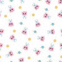 Cute pink monster astronaunt flying around in space, seamless pattern on white background with planets, childish ornament for textile or print vector