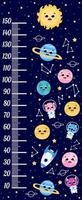 Space height meter for kids with planets and spaceships, astronauts with stars in childish style, printable growth chart vector