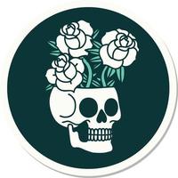 pegatina de tatuaje al estilo tradicional de una calavera y rosas vector