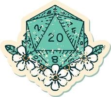 grunge sticker of a natural 20 D20 dice roll with floral elements vector