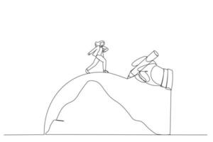 Drawing of giant hand draws a path to help the businesswoman cross the mountains, metaphor for conquering adversity. Continuous line art style vector