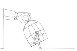 caricatura de mano gigante capturando a una mujer de negocios corriendo con jaula de pájaros. estilo de arte de una línea vector