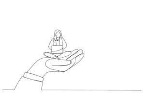Illustration of giant hand holding a businesswoman who works on laptop, metaphor for employee care, corporate support. Single line art style vector