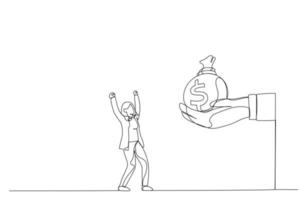 Cartoon of giant boss hand giving stack of coins money to happy businesswoman. Metaphor for bonus money, salary or income increase. One continuous line art style vector