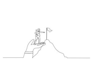 Drawing of businesswoman stand on giant helping hand to reach mountain peak target flag. Single continuous line art style vector