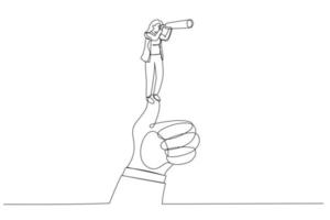 Drawing of businesswoman standing on giant thumb using telescope to look into the distance. Continuous line art vector