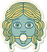 sticker of tattoo in traditional style of female face wearing a ball gag vector