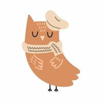 lindo búho en boina y bufanda. pájaro del bosque ilustración de otoño póster. vector