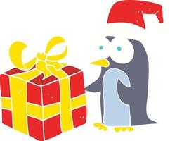 flat color illustration of christmas penguin with present vector